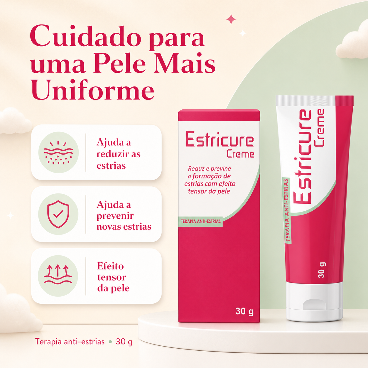 Estricure Creme 30 g com benefícios de redução e prevenção de estrias e efeito tensor da pele.