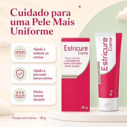 Estricure Creme 30 g com benefícios de redução e prevenção de estrias e efeito tensor da pele.