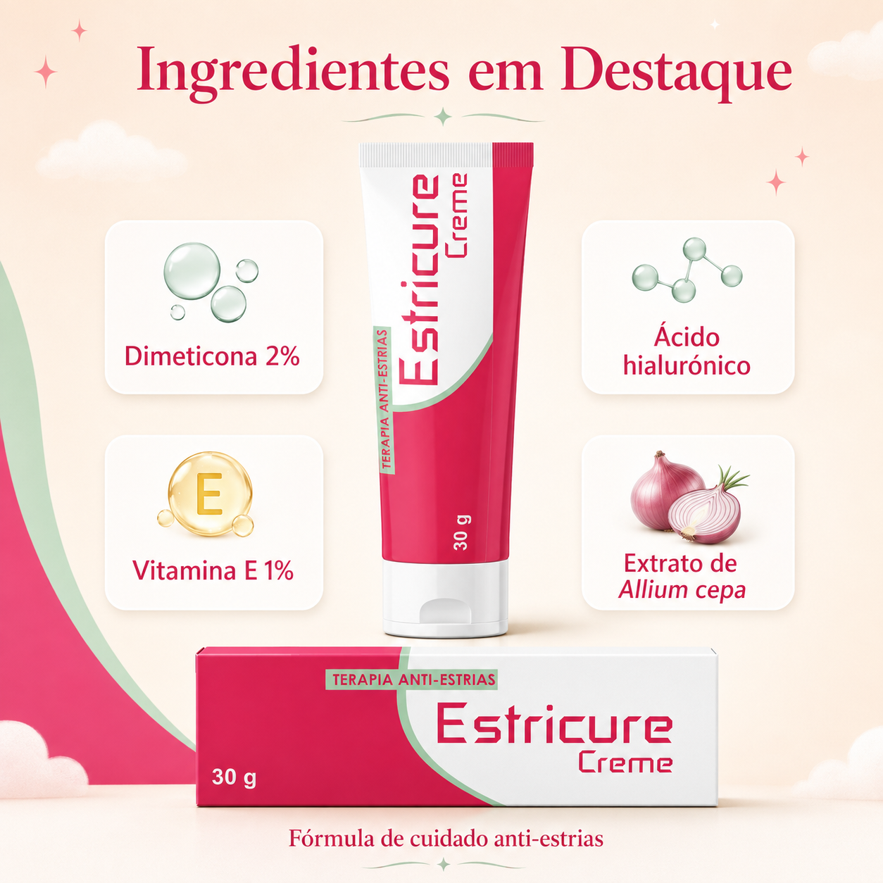 Estricure Creme com dimeticona 2%, vitamina E 1%, ácido hialurónico e extrato de Allium cepa.