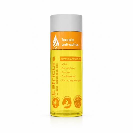 Frasco Estricure Óleo Biológico 50 ml para cuidado de estrias e hidratação da pele em fundo branco