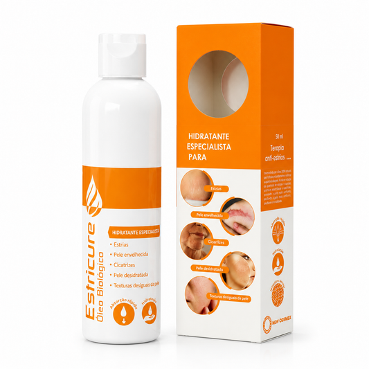 Estricure Óleo Biológico anti-estrias 50 ml com frasco e embalagem em fundo branco.