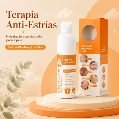 Estricure Óleo Biológico anti-estrias 50 ml com frasco e embalagem em fundo laranja suave.