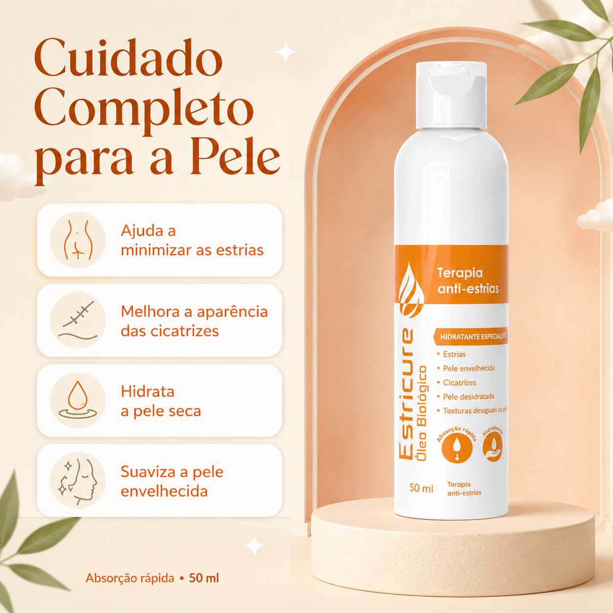 Estricure Óleo Biológico 50 ml para estrias, cicatrizes, pele seca e pele envelhecida.