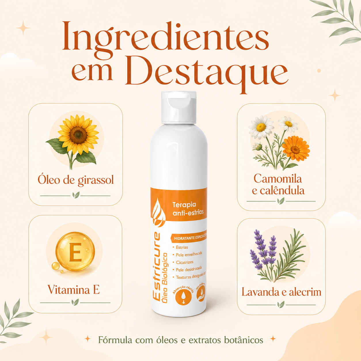 Estricure Óleo Biológico com óleo de girassol, vitamina E, camomila, calêndula, lavanda e alecrim.