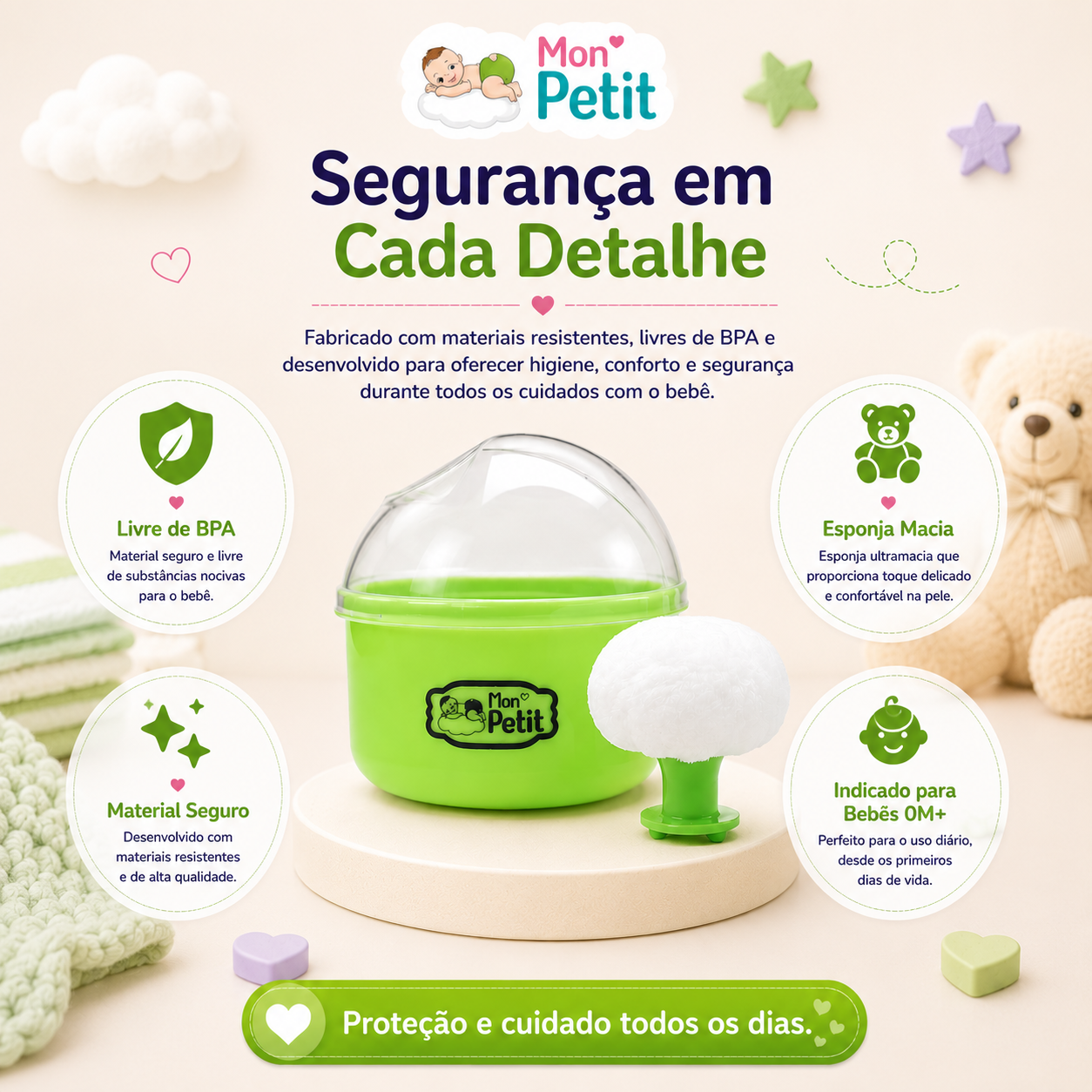 Diagrama de segurança do produto focado no cuidado diário do bebé a partir dos zero meses, garantindo o uso de materiais resistentes de alta qualidade e livres de BPA.