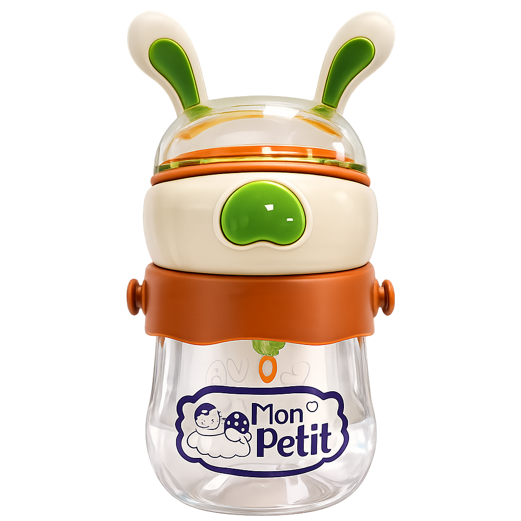 Garrafa de aprendizagem infantil transparente com tampa em formato de orelhas de coelho verdes, detalhes em castanho e o logótipo Mon Petit em fundo branco.