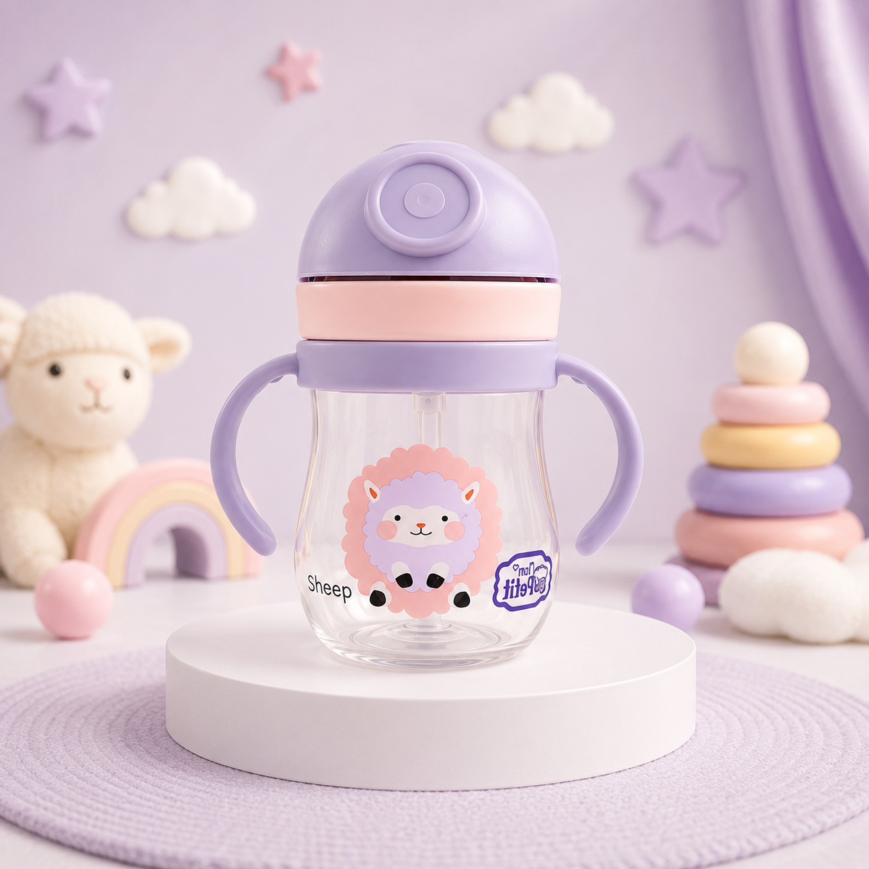 Garrafa de aprendizagem com padrão de ovelha colocada sobre um suporte circular, num cenário de quarto infantil em tons lilás com brinquedos de madeira e peluches decorativos.