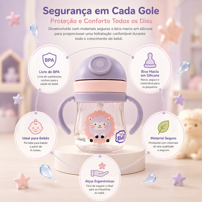 Diagrama explicativo sobre a segurança e conforto da garrafa de transição Mon Petit, destacando as propriedades dos materiais seguros e o formato das alças para as mãos do bebé.