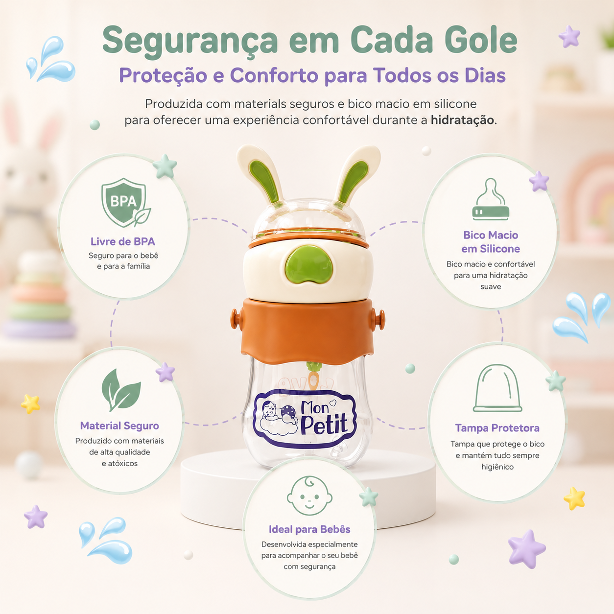 Infografia com os benefícios da garrafa Mon Petit, destacando o material livre de BPA, bico macio em silicone, tampa protetora e design seguro para bebés.