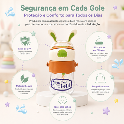 Infografia com os benefícios da garrafa Mon Petit, destacando o material livre de BPA, bico macio em silicone, tampa protetora e design seguro para bebés.