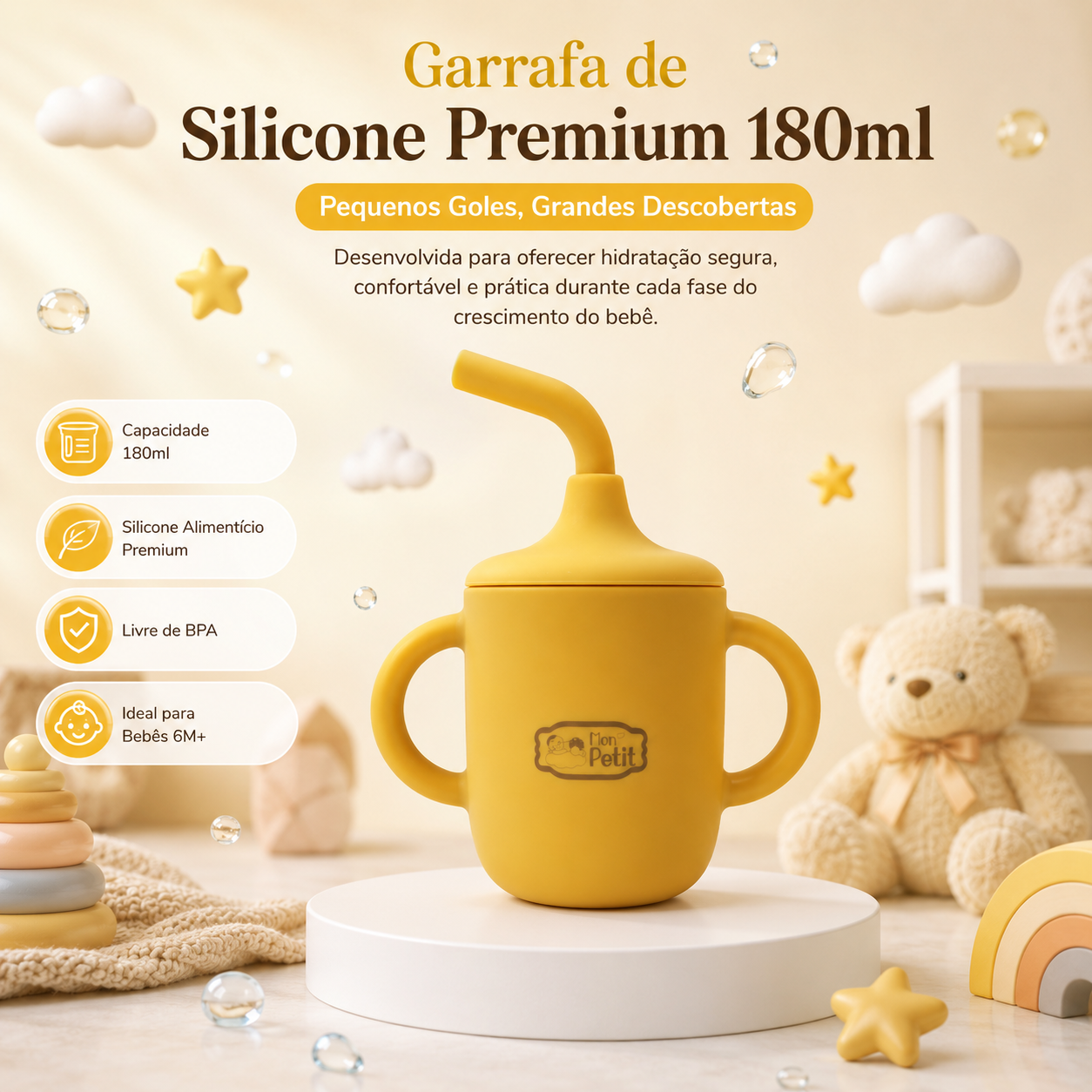 Infografia da garrafa de silicone premium Mon Petit com capacidade de 180ml, realçando as características de silicone alimentício, composição livre de BPA e indicação para bebés a partir dos 6 meses.