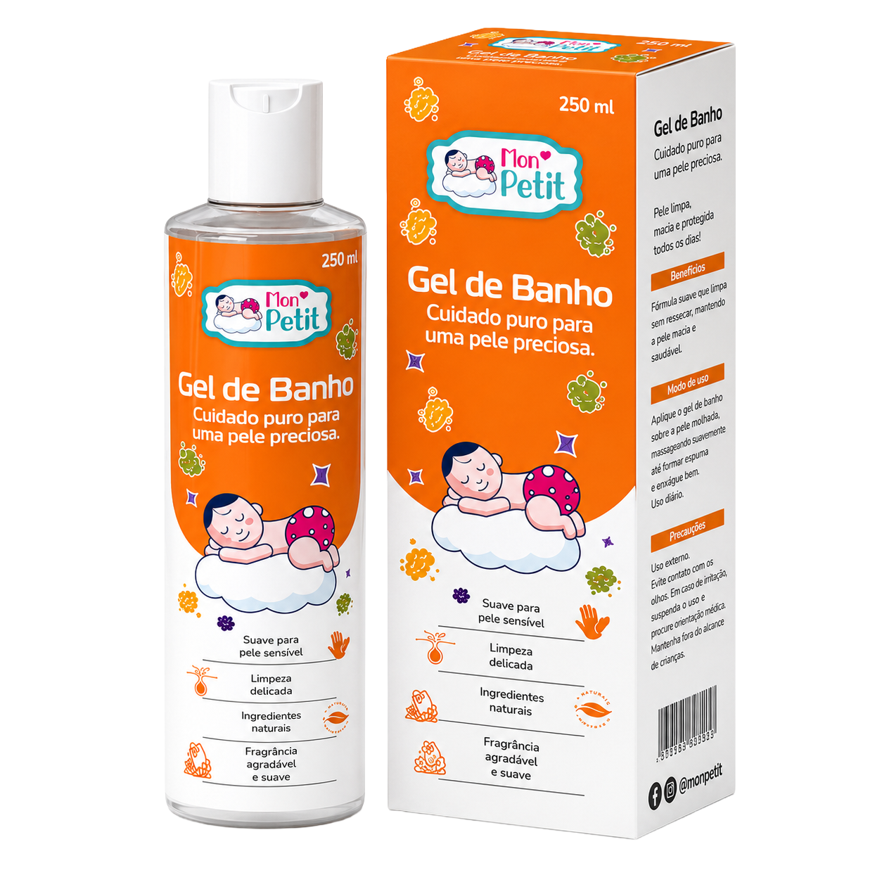 Frasco transparente e caixa de cartão do Mon Petit Gel de Banho de 250ml para bebé, destacando a fórmula suave com ingredientes naturais sobre um fundo preto.