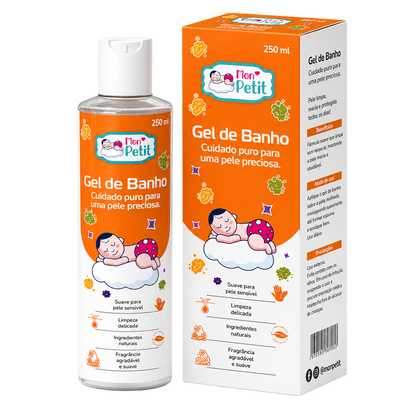 Frasco transparente e caixa de cartão do Mon Petit Gel de Banho de 250ml para bebé, destacando a fórmula suave com ingredientes naturais sobre um fundo preto.
