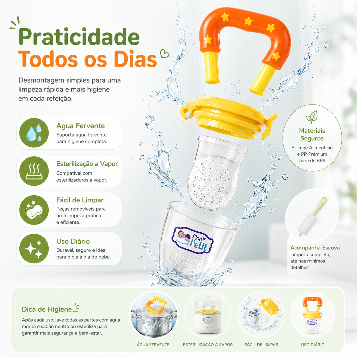 Infografia que mostra como limpar e esterilizar o alimentador de frutas de forma prática no dia a dia.