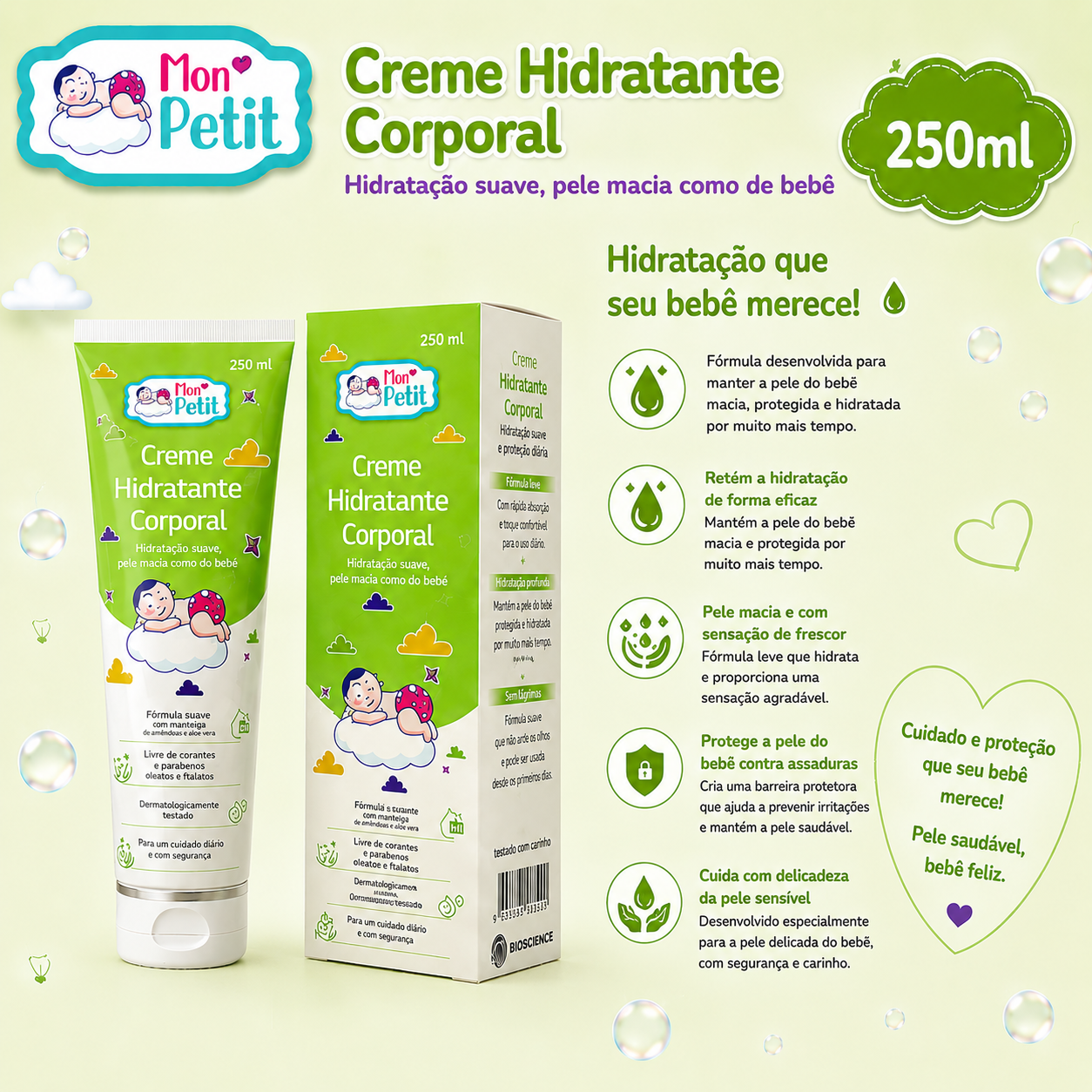 Infográfico do creme corporal Mon Petit detalhando os benefícios: retém a hidratação, proporciona frescor, protege contra assaduras e cuida com delicadeza.