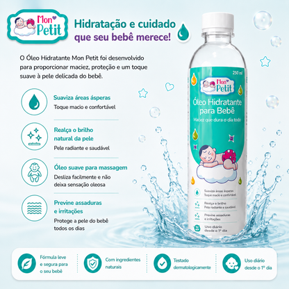 Infográfico do óleo Mon Petit sobre a água, com quatro ícones detalhando as funções de suavizar a pele, realçar o brilho, massagem e prevenir irritações.