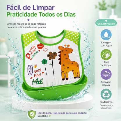 Infografia demonstrando a facilidade de lavar, enxaguar e reutilizar um babador infantil após a refeição.