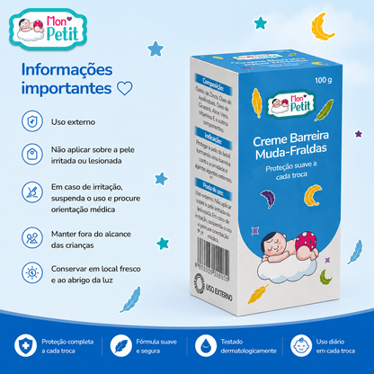 Instruções importantes e vista lateral da caixa do creme barreira Mon Petit, detalhando a composição química com óxido de zinco e código de barras.