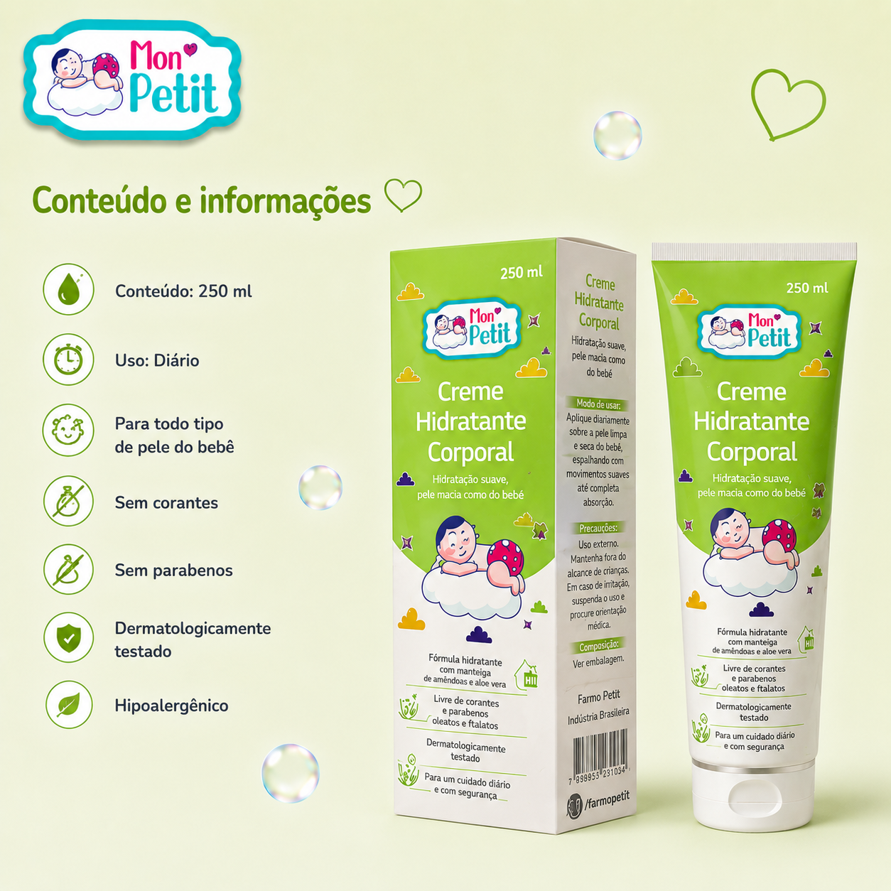 Detalhes técnicos e informações do rótulo do creme hidratante Mon Petit, exibindo a frente da bisnaga e o verso da caixa com o código de barras.