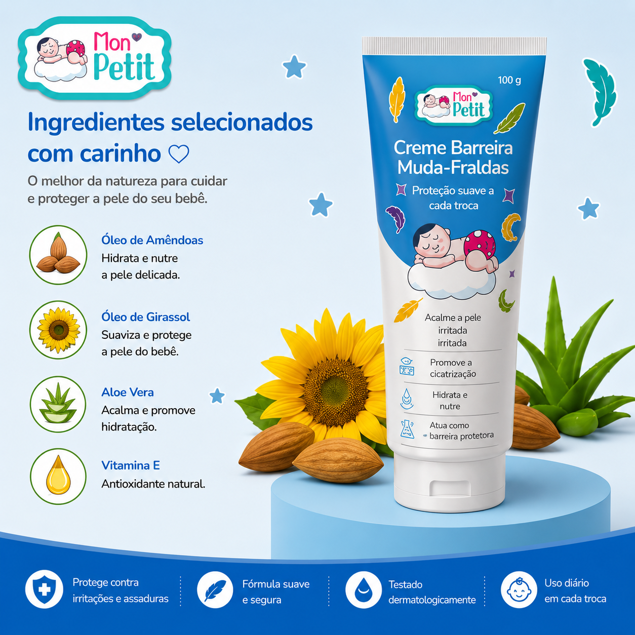 Componentes naturais do creme muda-fraldas Mon Petit com imagens de óleo de amêndoas, óleo de girassol, aloe vera e vitamina e junto ao tubo.