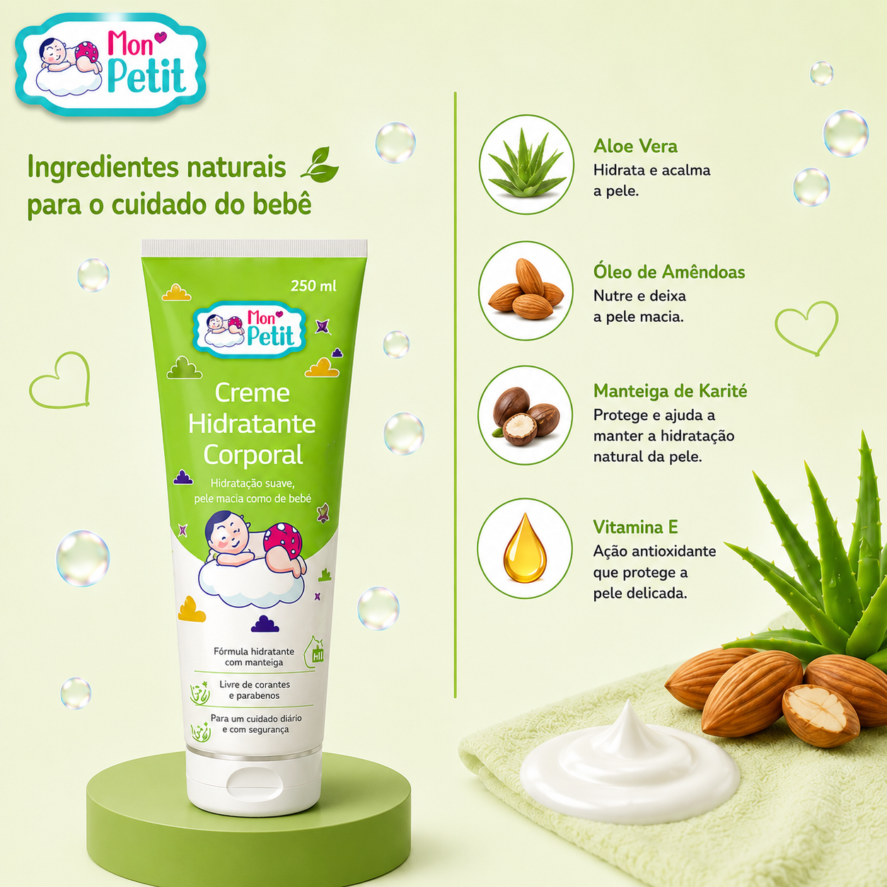 Componentes naturais do creme Mon Petit com imagens de aloe vera, óleo de amêndoas, manteiga de karité e vitamina e ao lado do tubo do produto.