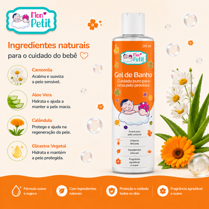 Componentes naturais do gel de banho Mon Petit mostrando ilustrações e plantas reais de camomila, aloe vera, calêndula e glicerina vegetal ao lado do produto.