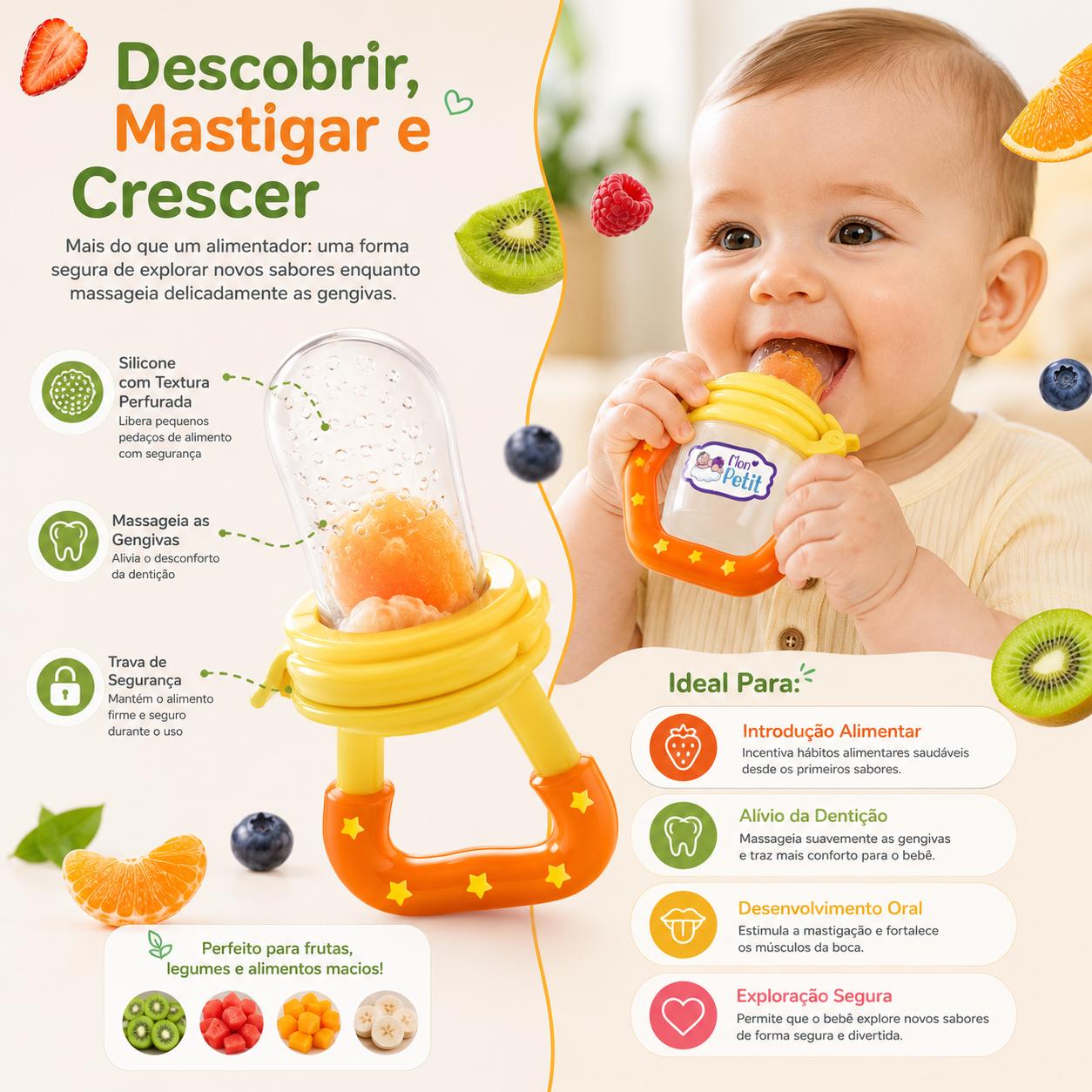 Bebé a utilizar o alimentador de frutas para explorar sabores, destacando o alívio da dentição e o desenvolvimento oral.