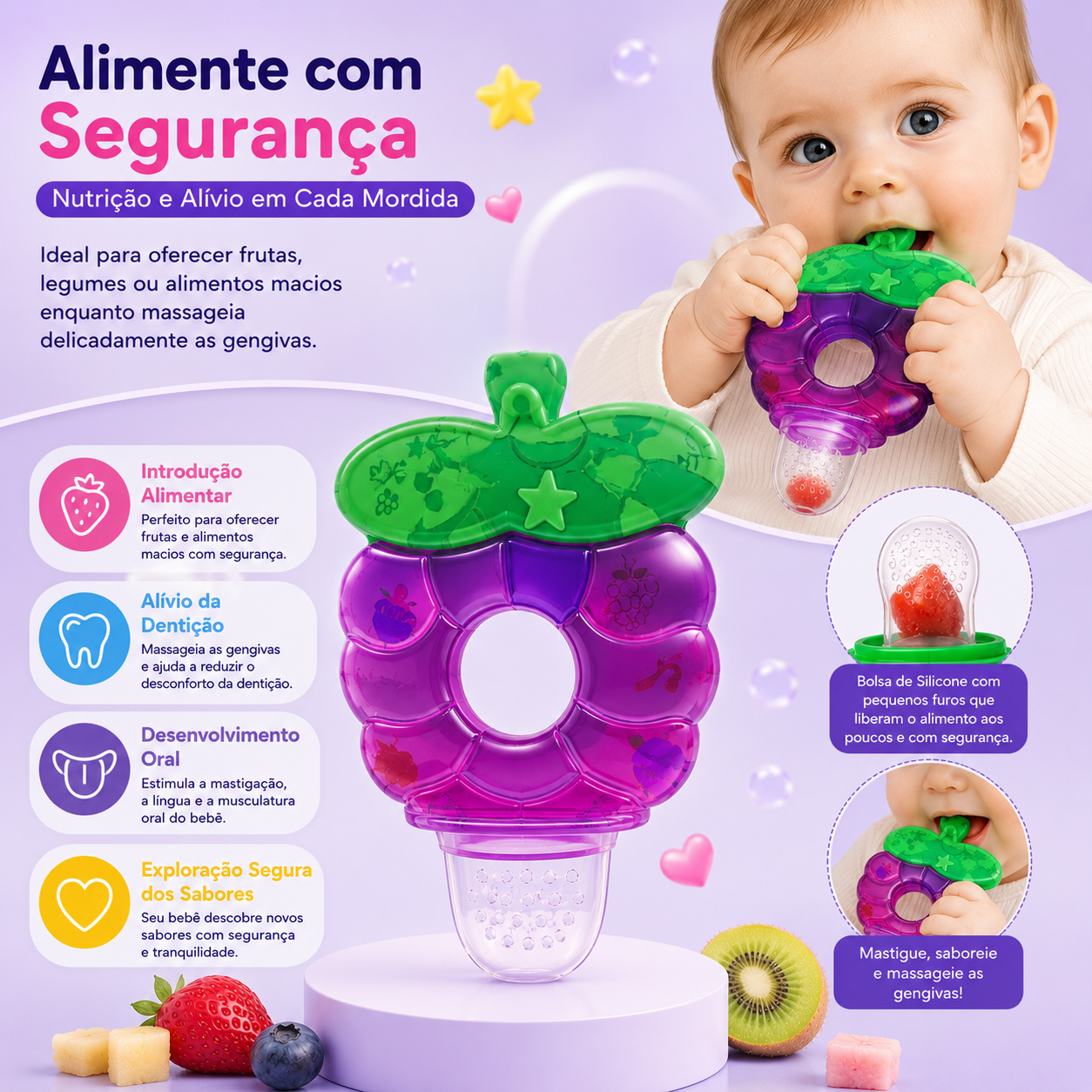 Infografia Alimente com Segurança mostrando um bebé a morder o alimentador de frutas de uva, com imagens em detalhe que exemplificam a colocação de um morango no interior da bolsa de silicone.