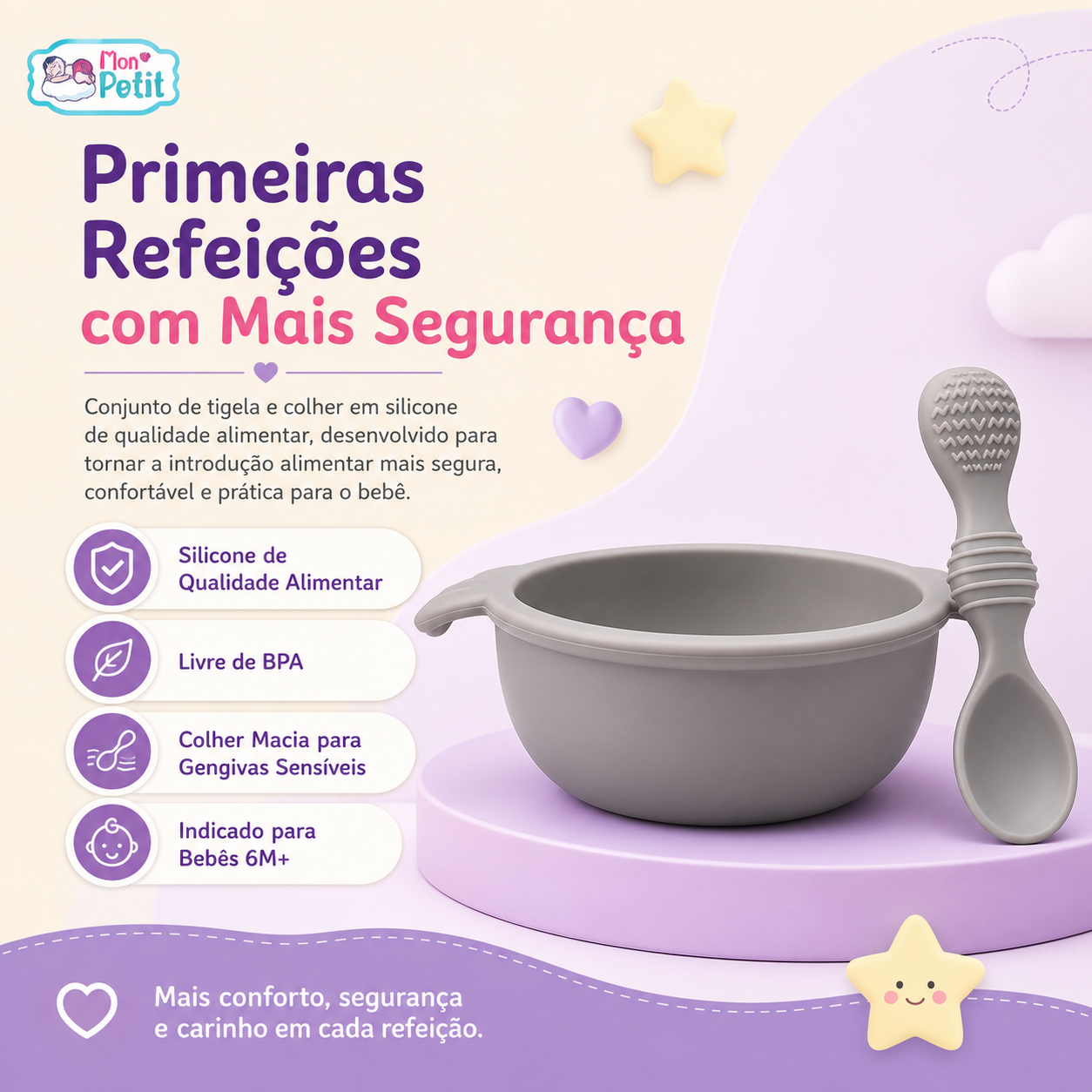 Infografia sobre as primeiras refeições do bebé com conjunto de tigela e colher de silicone.
