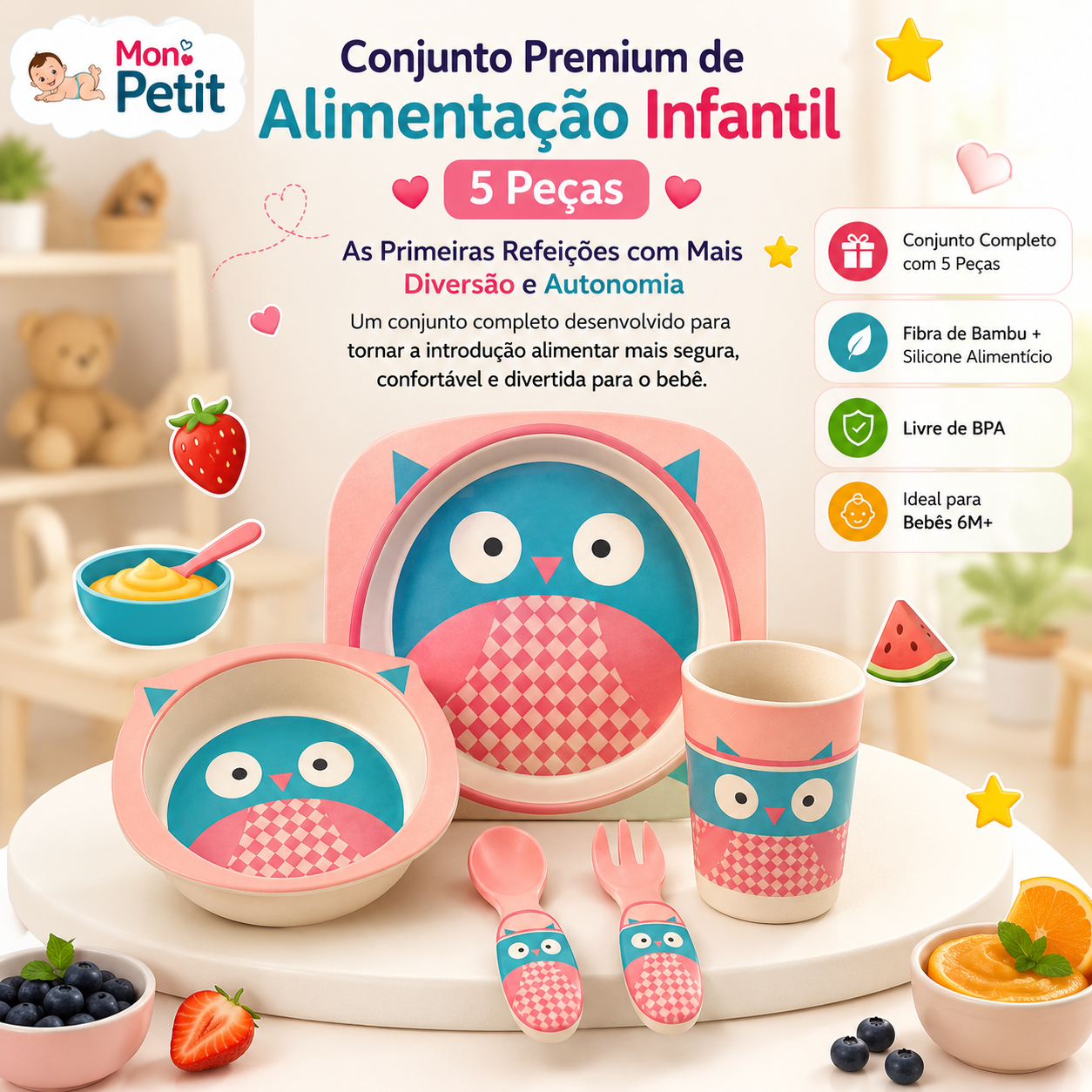 Infografia informativa do conjunto de alimentação infantil Mon Petit de 5 peças, destacando o uso de fibra de bambu natural, silicone alimentício e a ausência de BPA.