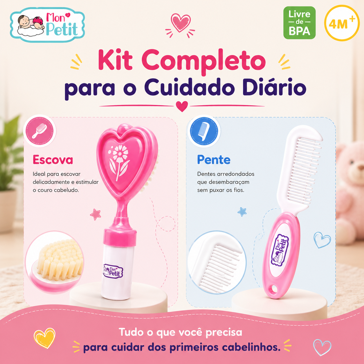 Infográfico detalhando os componentes do kit de cuidado diário: a escova em formato de coração para escovar delicadamente e o pente com dentes arredondados que desembaraçam os fios sem puxar.