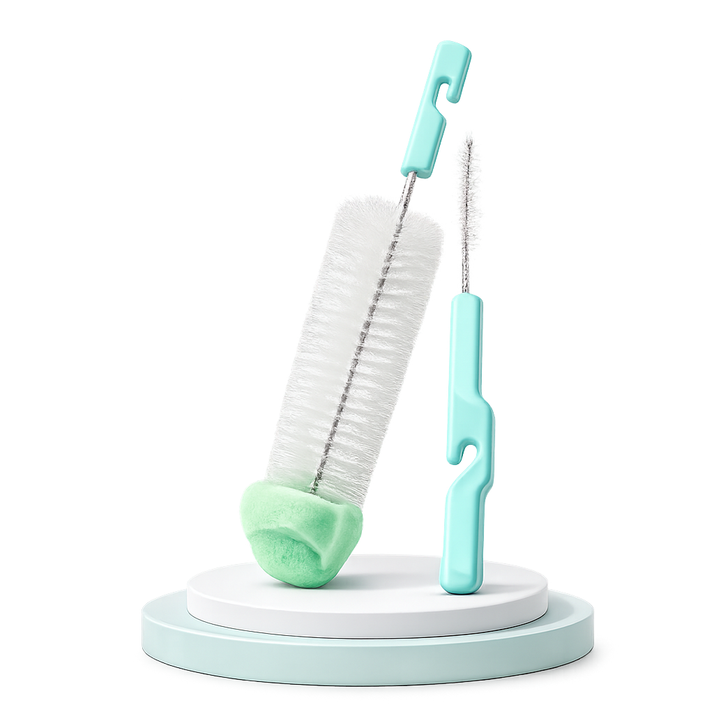 Kit de limpeza infantil contendo uma escova grande com ponta de esponja verde-clara e uma escova fina para bicos, ambas com cabos verde-água, expostas num pódio circular sobre fundo branco.
