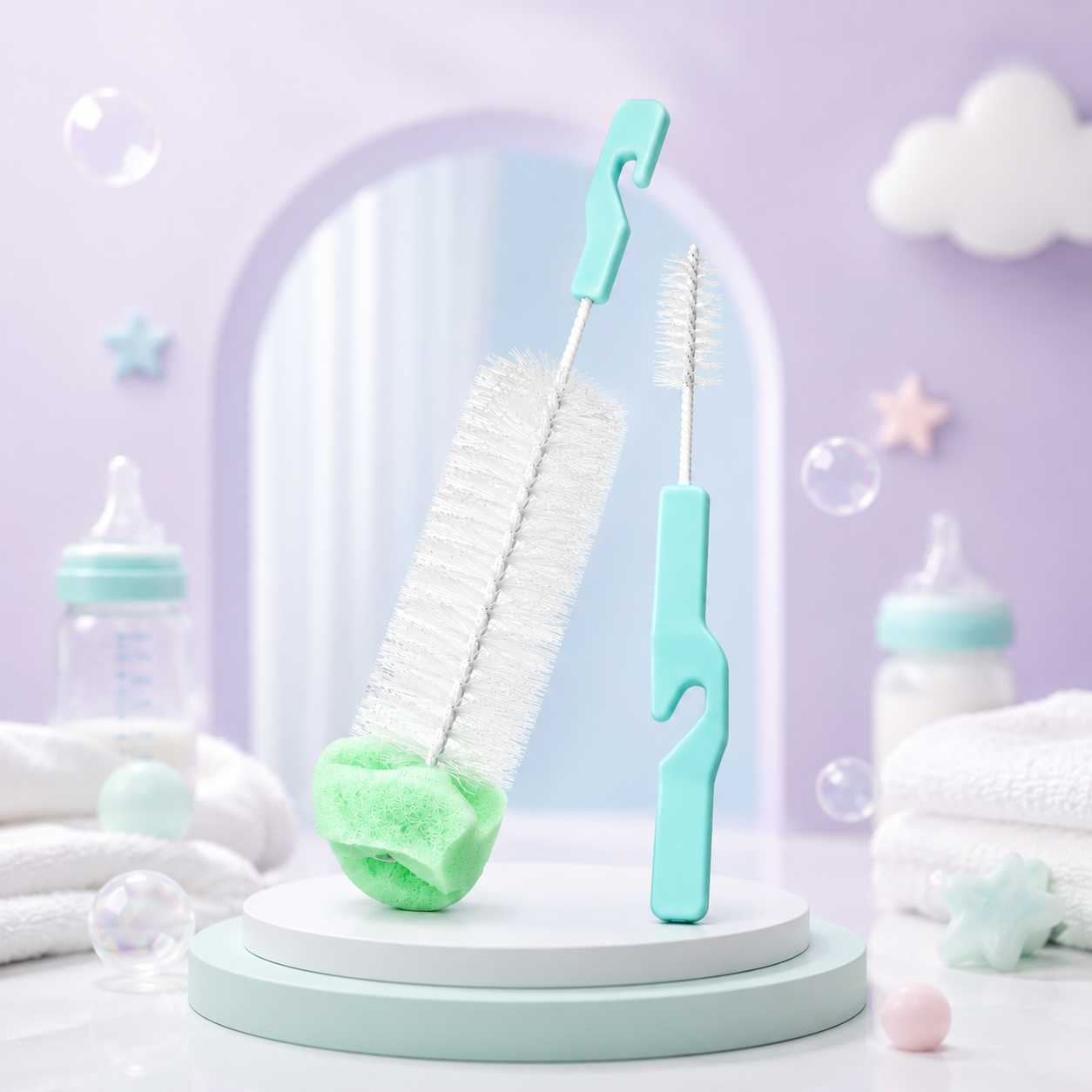 Conjunto de escovas de limpeza Mon Petit posicionado num pódio redondo claro dentro de um cenário decorativo em tons de roxo pastel com mamadeiras, toalhas brancas e bolhas de sabão.