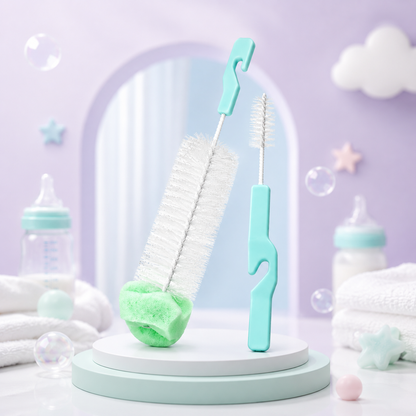 Conjunto de escovas de limpeza Mon Petit posicionado num pódio redondo claro dentro de um cenário decorativo em tons de roxo pastel com mamadeiras, toalhas brancas e bolhas de sabão.