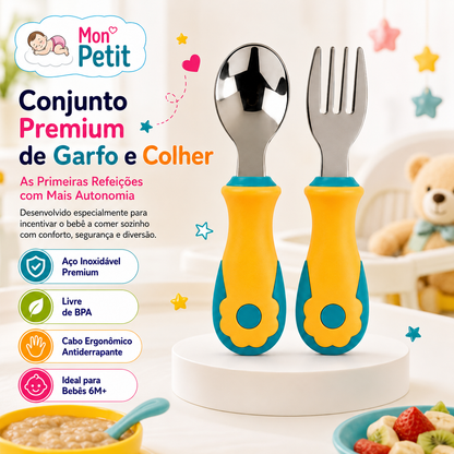 Infografia do conjunto premium de talheres para bebé da marca Mon Petit, destacando o aço inoxidável, a composição livre de BPA e o cabo ergonómico antiderrapante para maiores de 6 meses.