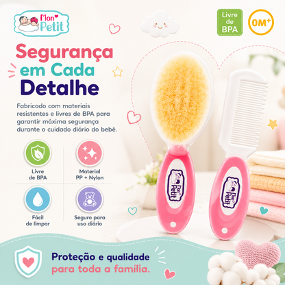 Painel informativo sobre a segurança do kit de pente e escova Mon Petit, listando vantagens de materiais resistentes livres de BPA, facilidade de limpeza e adequação para o uso diário.