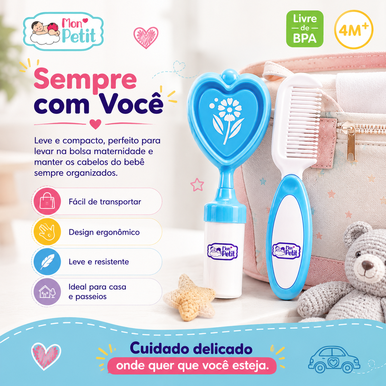Infográfico publicitário demonstrando a versatilidade do conjunto azul Mon Petit, posicionado ao lado de uma bolsa de maternidade de tecido com um urso de peluche, destacando o design leve e compacto.