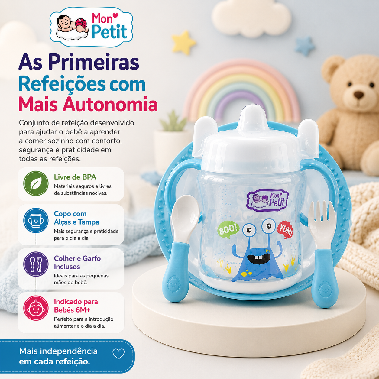 Infografia informativa do conjunto de refeição Mon Petit para bebés a partir dos 6 meses, destacando os talheres infantis incluídos, o copo com alças e a composição livre de BPA.