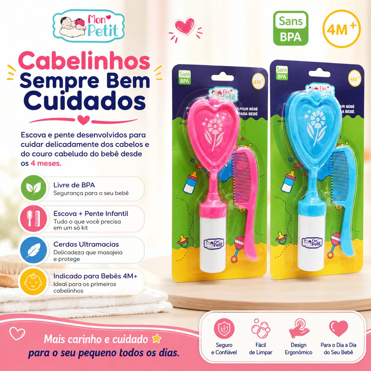 Infográfico publicitário do kit de pente e escova de cabelo infantil Mon Petit, mostrando as versões rosa e azul fixadas nas respetivas embalagens blister de cartão, com selos Livre de BPA e indicação 4M+.