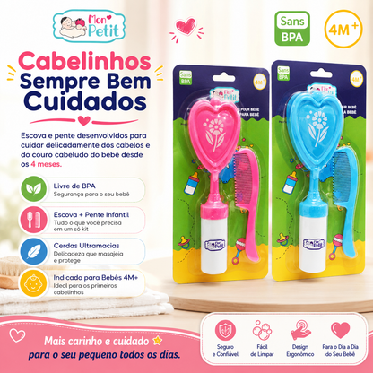 Infográfico publicitário do kit de pente e escova de cabelo infantil Mon Petit, mostrando as versões rosa e azul fixadas nas respetivas embalagens blister de cartão, com selos Livre de BPA e indicação 4M+.