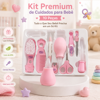 Infografia do Kit Premium de cuidados para bebé da Mon Petit com 10 peças, destacando cerdas macias, material livre de BPA e uso ideal desde o nascimento.