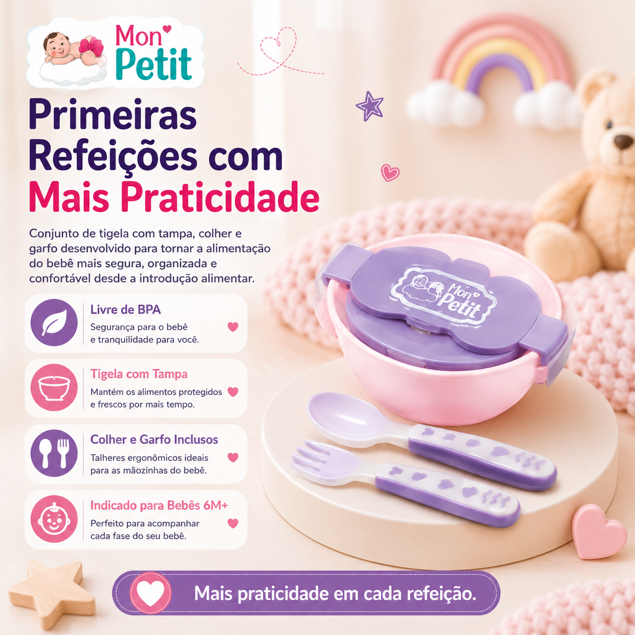 Infografia informativa do conjunto de refeição infantil Mon Petit para bebés a partir dos 6 meses, destacando a tigela com tampa protetora, os talheres incluídos e a composição livre de BPA.