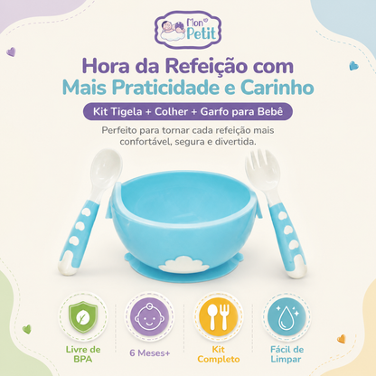 Infográfico publicitário da marca Mon Petit com o Kit Tigela, Colher e Garfo para Bebé, destacando os selos explicativos: Livre de BPA, recomendado a partir dos 6 Meses, Kit Completo e Fácil de Limpar.
