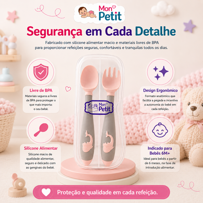 Painel descritivo destacando a segurança do conjunto Mon Petit, com foco no uso de silicone alimentar macio, livre de substâncias nocivas e ideal para a introdução alimentar a partir dos 6M+.