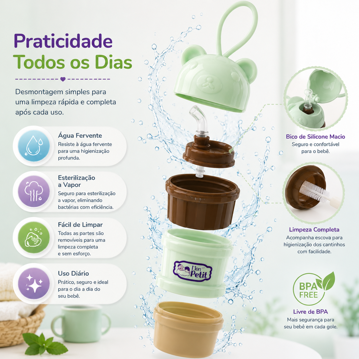 Peças desmontadas de copo de silicone para bebé para fácil limpeza e esterilização.