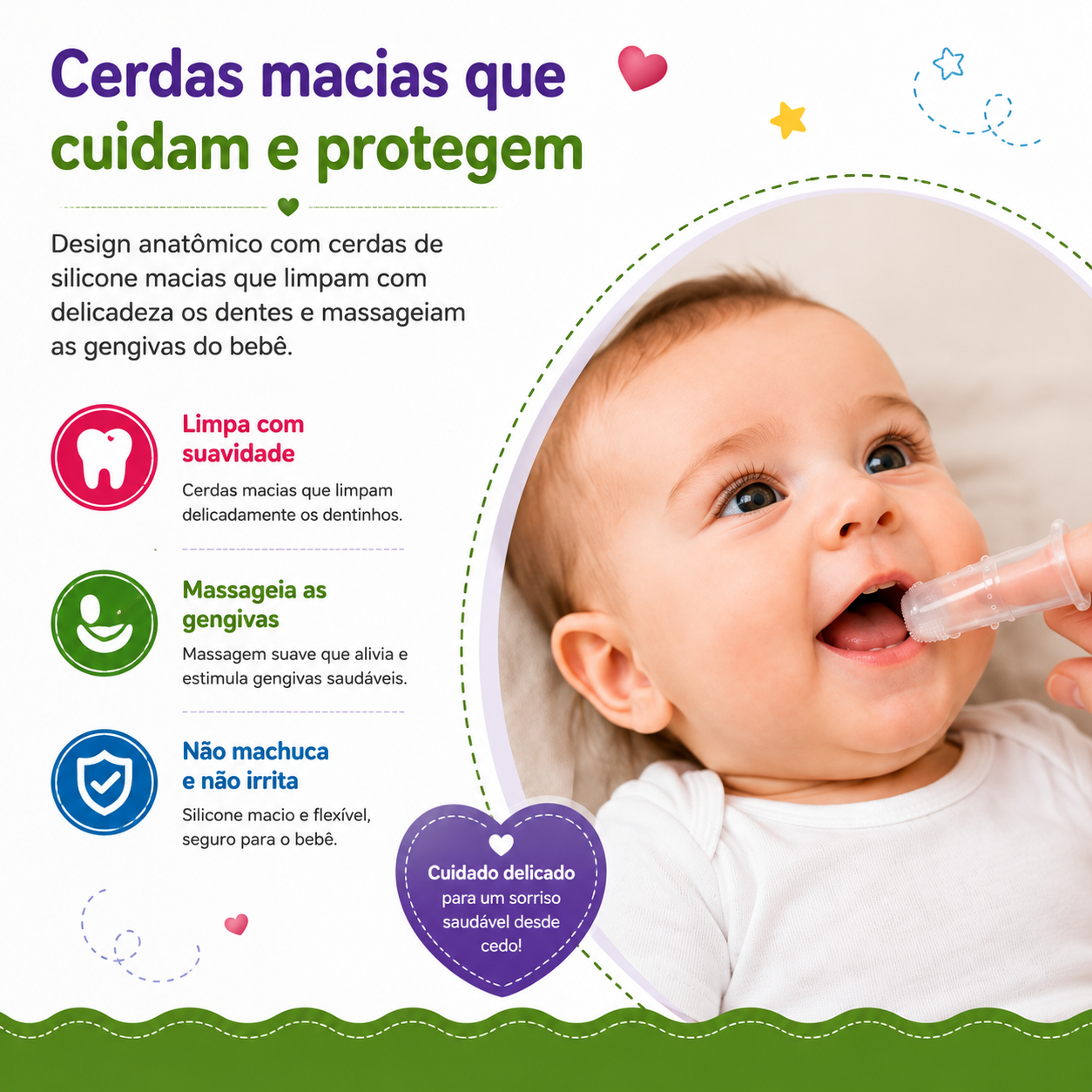 Bebé sorridente enquanto um adulto utiliza a escova de dedo em silicone transparente para limpar delicadamente os primeiros dentes e massajar as gengivas.