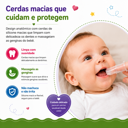 Bebé sorridente enquanto um adulto utiliza a escova de dedo em silicone transparente para limpar delicadamente os primeiros dentes e massajar as gengivas.