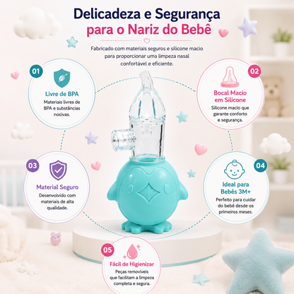 Painel descritivo sobre os cuidados com o nariz do bebé, detalhando o bocal de silicone macio que garante conforto e as peças removíveis fáceis de higienizar.