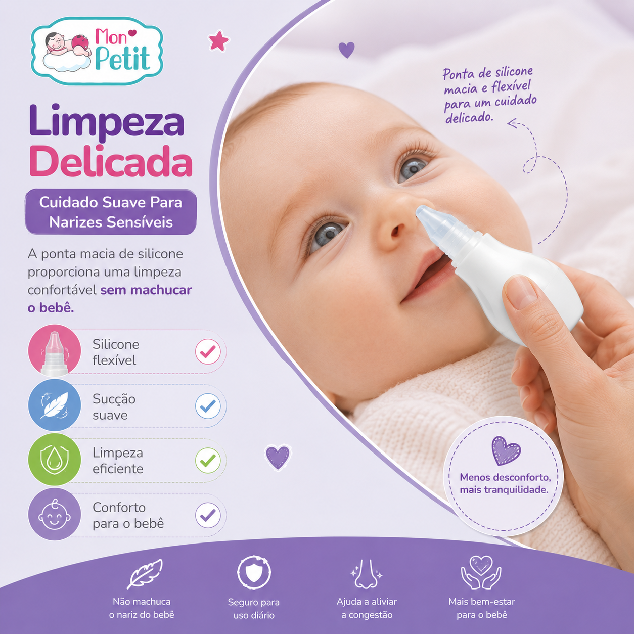 Painel promocional demonstrando a utilização do aspirador nasal no nariz de um bebé para uma limpeza delicada e sem magoar, destacando os benefícios de sucção suave e eficácia diária.