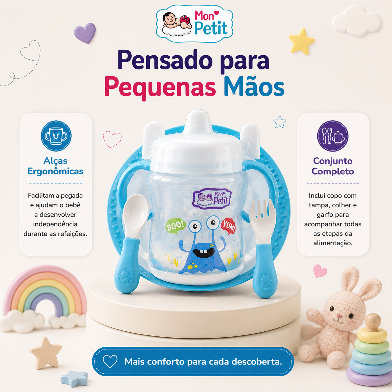 Apresentação do kit de refeição focado no design para pequenas mãos, evidenciando as alças laterais do copo que facilitam a preensão e promovem a coordenação motora.